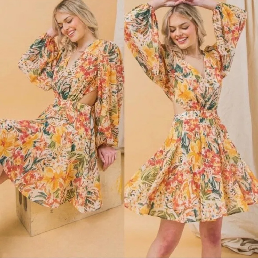 Pink Lily radiant glow tropical cut out sides long balloon sleeves floral dress